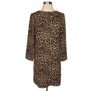 J Crew Factory Womens Leopard Print Dress Size 00 Long Sleeve Brown Tan